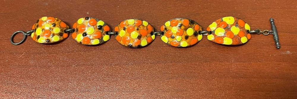 Mid Century Mod Copper Enamel Chunky 5 Panel Abstract Wide Link Bracelet 7"